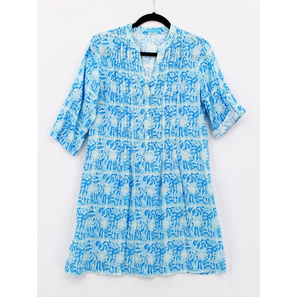 J.McLaughlin Riviera Linen‎ Dress Small Blue Print Pintuck Pleat Roll Tab Sleeve